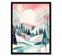 Wee Blue Coo Sunrise over Countryside Hills Boho Artwork Pink Teal Winter Forest River Landscape Artwork Framed Wall Art Print A4