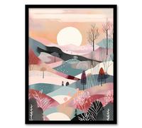 Wee Blue Coo Sunrise over Countryside Hills Boho Artwork Winter Landscape Pink and Teal Artwork Framed Wall Art Print A4