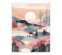 Wee Blue Coo Sunrise over Countryside Hills Boho Artwork Winter Landscape Pink and Teal Extra Large XL Wall Art Poster Print