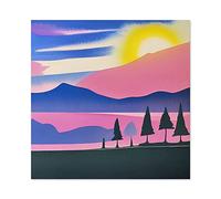 Wee Blue Coo Sunset Mountain Forest Winter Lake Magenta Watercolour Premium Wall Art Canvas Print 24X24 Inch