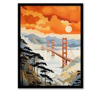 Wee Blue Coo Sunset San Francisco Oakland Bay Bridge Amber Orange Blue Pastel Colour Painting Artwork Framed Wall Art Print 18X24 Inch