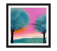 Wee Blue Coo Sunset Tree Silhouette Landscape Modern Abstract Pastel Pink Teal Orange Watercolour Painting Square Wooden Framed Wall Art Print Picture 16X16 Inch
