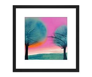 Wee Blue Coo Sunset Tree Silhouette Landscape Modern Abstract Pastel Pink Teal Orange Watercolour Painting Square Wooden Framed Wall Art Print Picture 9X9 Inch