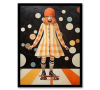 Wee Blue Coo Surreal Skater Girl in Retro Skate Park Orange Black White Oil Painting Artwork Framed Wall Art Print 18X24 Inch