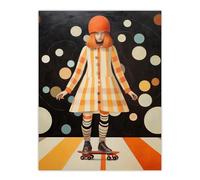 Wee Blue Coo Surreal Skater Girl in Retro Skate Park Orange Black White Oil Painting Large Wall Art Poster Print Thick Paper 18X24 Inch