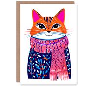 Wee Blue Coo Tabby Winter Floral Jumper Pink Scarf Cat Lover Xmas Christmas Card Wee Blue Coo Multicolor