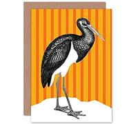 Wee Blue Coo Tall Birds On Stripes Black Stork Orange Greeting Card With Envelope Inside Premium Quality