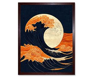 Wee Blue Coo The Great Wave at Full Moon Modern Japanese Seascape Woodblock Art Print Framed Poster Wall Decor 12x16 inch