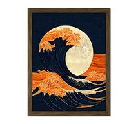 Wee Blue Coo The Great Wave at Full Moon Modern Japanese Seascape Woodblock Artwork Framed Wall Art Print 18X24 Inch