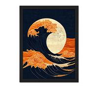 Wee Blue Coo The Great Wave at Full Moon Modern Japanese Seascape Woodblock Artwork Framed Wall Art Print 18X24 Inch