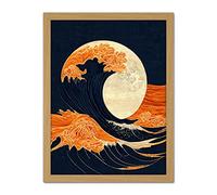 Wee Blue Coo The Great Wave at Full Moon Modern Japanese Seascape Woodblock Artwork Framed Wall Art Print 18X24 Inch