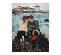 Wee Blue Coo The Heart To Heart Egon Schiele Style Couple Sitting in Coastal Landscape Blue Grey Red Oil Painting Extra Large XL Wall Art Poster Print