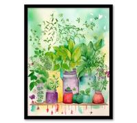 Wee Blue Coo The Herb Shelf Folk Art Watercolour Painting Bright Kitchen Artwork Fresh Herb Plant Pots Artwork Framed Wall Art Print A4