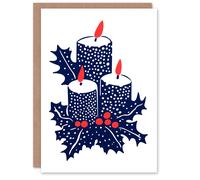 Wee Blue Coo Three Pillar Candles Holly Plant Leaves Xmas Art Blank Christmas Card in Navy Wee Blue Coo Navy