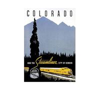 Wee Blue Coo Travel Ad Train Rail Denver Colorado USA Mountain Tree Wall Art Print