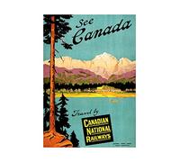 Wee Blue Coo Travel Canada Rail Train Lake Mountain Scenic Tree Pine Wall Art Print