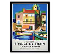 Wee Blue Coo Travel France Train Railway Riviera French Railroad Boat Vintage Art Print Framed Poster Wall Decor 12X16 Inch