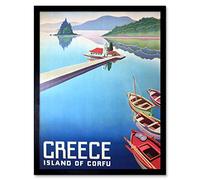 Wee Blue Coo Travel Island Corfu Greece Boats Pier Art Print Framed Poster Wall Decor 12X16 Inch