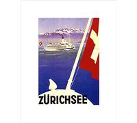 Wee Blue Coo TRAVEL LAKE ZURICH SWITZERLAND BOAT ALPINE MOUNTAIN FLAG FRAMED PRINT B12X6454