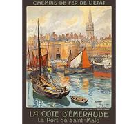 Wee Blue Coo Travel St Malo France Emerald Coast Port Dock Church Spire Boat Art Print Poster Wall Decor 12X16 Inch