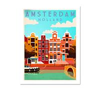 Wee Blue Coo Travel Tourism Amsterdam Holl Netherlands Canal Bridge Boat Houses Large Framed Art Print Poster Wall Decor 18x24 inch