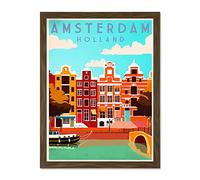 Wee Blue Coo Travel Tourism Amsterdam Holl Netherlands Canal Bridge Boat Houses Large Framed Art Print Poster Wall Decor 18x24 inch