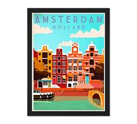 Wee Blue Coo Travel Tourism Amsterdam Holl Netherlands Canal Bridge Boat Houses Large Framed Art Print Poster Wall Decor 18x24 inch