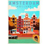 Wee Blue Coo Travel Tourism Amsterdam Holland Netherlands Canal Boat Houses Art Print Poster Wall Decor 12X16 Inch