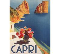 Wee Blue Coo Travel Tourism Italy Capri Island Sun Flowers Sea Art Print Poster Wall Decor 12X16 Inch