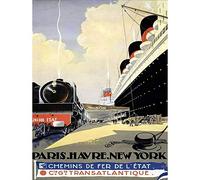 Wee Blue Coo Travel Tourism Paris New York Train Ship Transatlantic France USA Art Print Poster Wall Decor 12X16 Inch