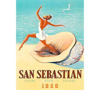 Wee Blue Coo Travel Tourism San Sebastian Spain Beach Conch Shell Gull Sea Sand Art Print Poster Wall Decor 12X16 Inch