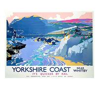 Wee Blue Coo Travel Tourism Yorkshire Whitby England UK Steam Train Gulls Sea Art Print Poster Wall Decor 12X16 Inch