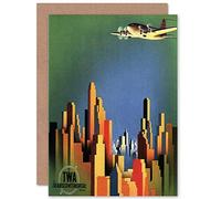 Wee Blue Coo TRAVEL TWA AIR FLIGHT PLANE CITY SKYSCRAPER USA AD GREETINGS CARD