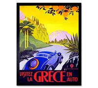 Wee Blue Coo Travel Visit Greece By Car Sun France Vintage Art Print Framed Poster Wall Decor 12X16 Inch
