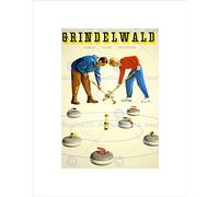 Wee Blue Coo TRAVEL WINTER SPORT CURLING GRINDELWALD SWITZERLAND VINTAGE ART PRINT B12X1784