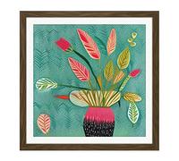 Wee Blue Coo Triostar Plant Vibrant Textured Pot Green Red Pink Tricolour Illustration Square Wooden Framed Wall Art Print Picture 16X16 Inch