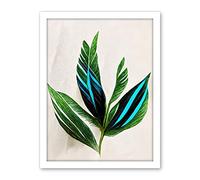 Wee Blue Coo Tropical Plant Feathery Leaves Green Turquoise Simple Botanical Illustration Artwork Framed Wall Art Print 18X24 Inch