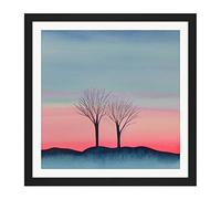 Wee Blue Coo Two Winter Trees Sunset Simple Landscape Soft Watercolour Painting Square Wooden Framed Wall Art Print Picture 16X16 Inch