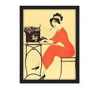 Wee Blue Coo Typewriter Woman Red Dress Writing Artwork Framed Wall Art Print 18X24 Inch