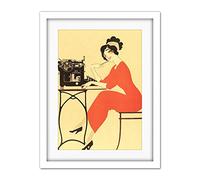 Wee Blue Coo Typewriter Woman Red Dress Writing Artwork Framed Wall Art Print 18X24 Inch