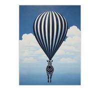 Wee Blue Coo Unframed Wall Art Surreal And Stripes Zebra Balloon Adventures Over The Clouds Blue Black White Painting - 12X16 Inch
