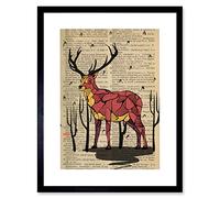 Wee Blue Coo Upcycle Dictionary Stag Deer Artwork Framed Wall Art Print 12X16 Inch