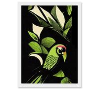 Vibrant Bright Lime Green Black Cream Jungle Leaf Pattern with Bird Modern Vintage Linocut Illustration Artwork Framed Wall Art Print A4 Artery8 White One Size