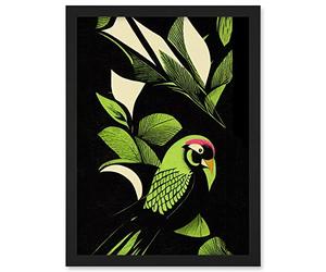 Wee Blue Coo Vibrant Bright Lime Green Black Cream Jungle Leaf Pattern with Bird Modern Vintage Linocut Illustration Artwork Framed A3 Wall Art Print