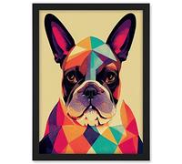 Wee Blue Coo Vibrant Colourful Geometric French Bulldog Portrait Design Artwork Framed A3 Wall Art Print