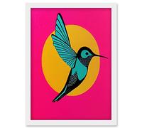 Wee Blue Coo Vibrant Retro Pop Art Hummingbird Graphic Design Illustration Artwork Framed Wall Art Print A4