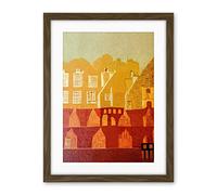 Wee Blue Coo Vintage Folk Art Mid Century Cityscape Abstract Artwork Framed Wall Art Print 18X24 Inch