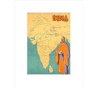 Wee Blue Coo Vintage Travel India Map Buddha Monk Wall Art Print