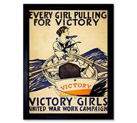 Wee Blue Coo Vintage Victory Girls War Work Campaign Pulling Boat Rowing Art Print Framed Poster Wall Decor 12X16 Inch