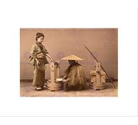 Wee Blue Coo VINTAGE WATERCOLOUR BEAN CAKE SELLER JAPAN BLACK FRAMED ART PRINT B12X11850